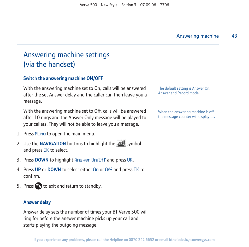 Answering machine settings (via the handset) | BT 500 User Manual | Page 43 / 86