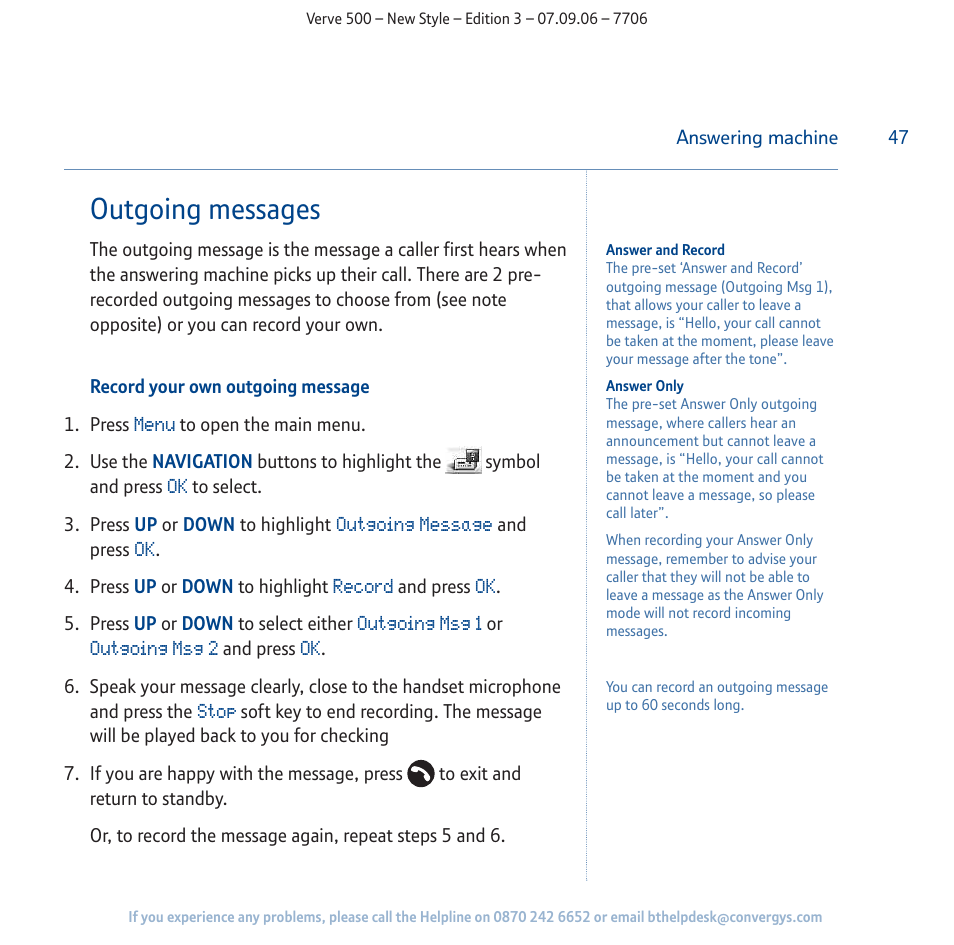 Outgoing messages | BT 500 User Manual | Page 47 / 86