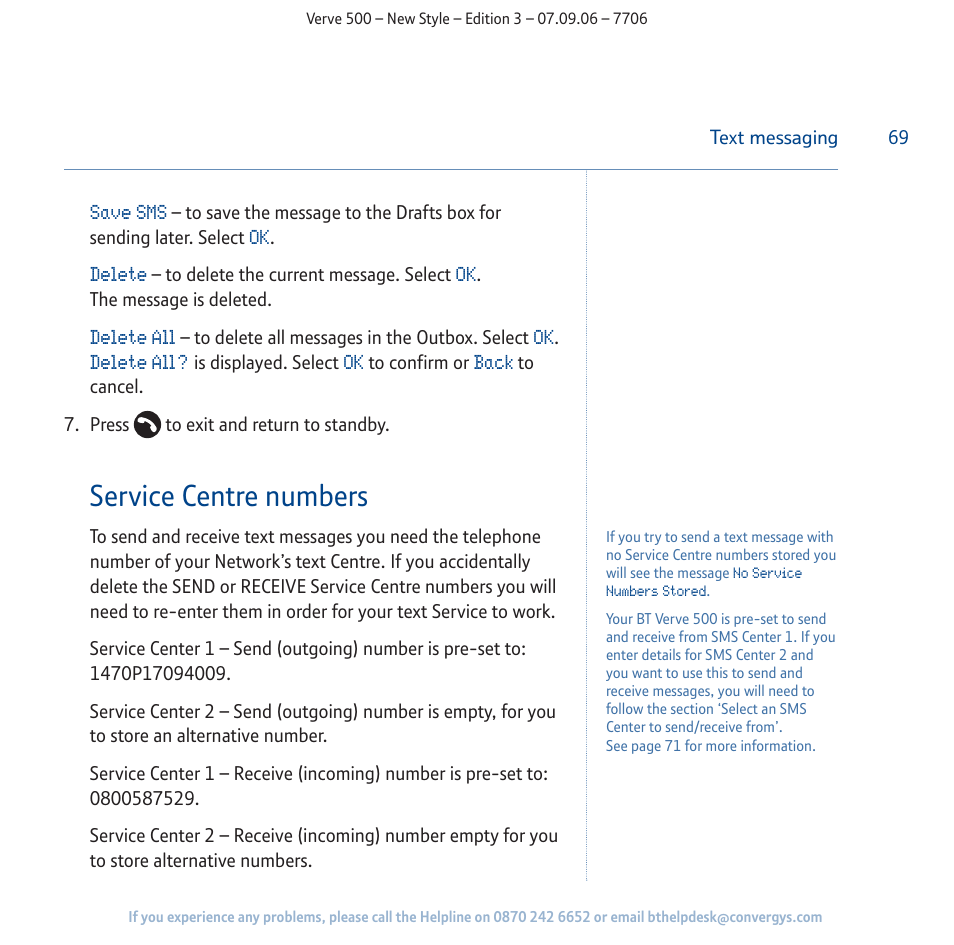 Service centre numbers | BT 500 User Manual | Page 69 / 86