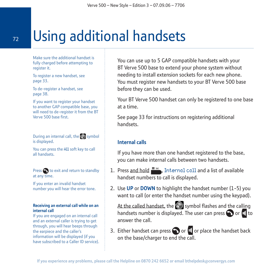 Using additional handsets | BT 500 User Manual | Page 72 / 86