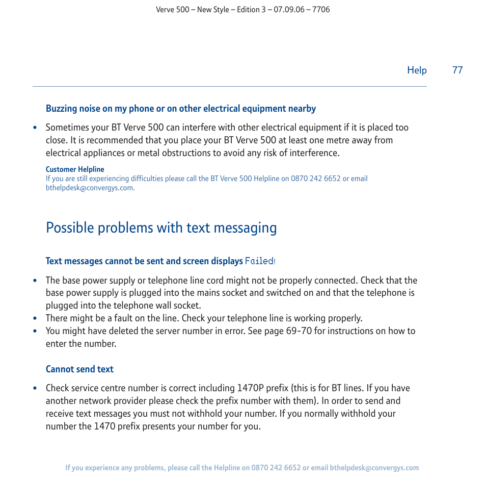 Possible problems with text messaging | BT 500 User Manual | Page 77 / 86