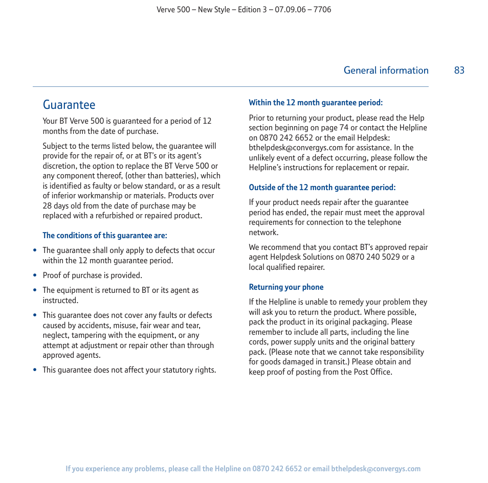 Guarantee | BT 500 User Manual | Page 83 / 86