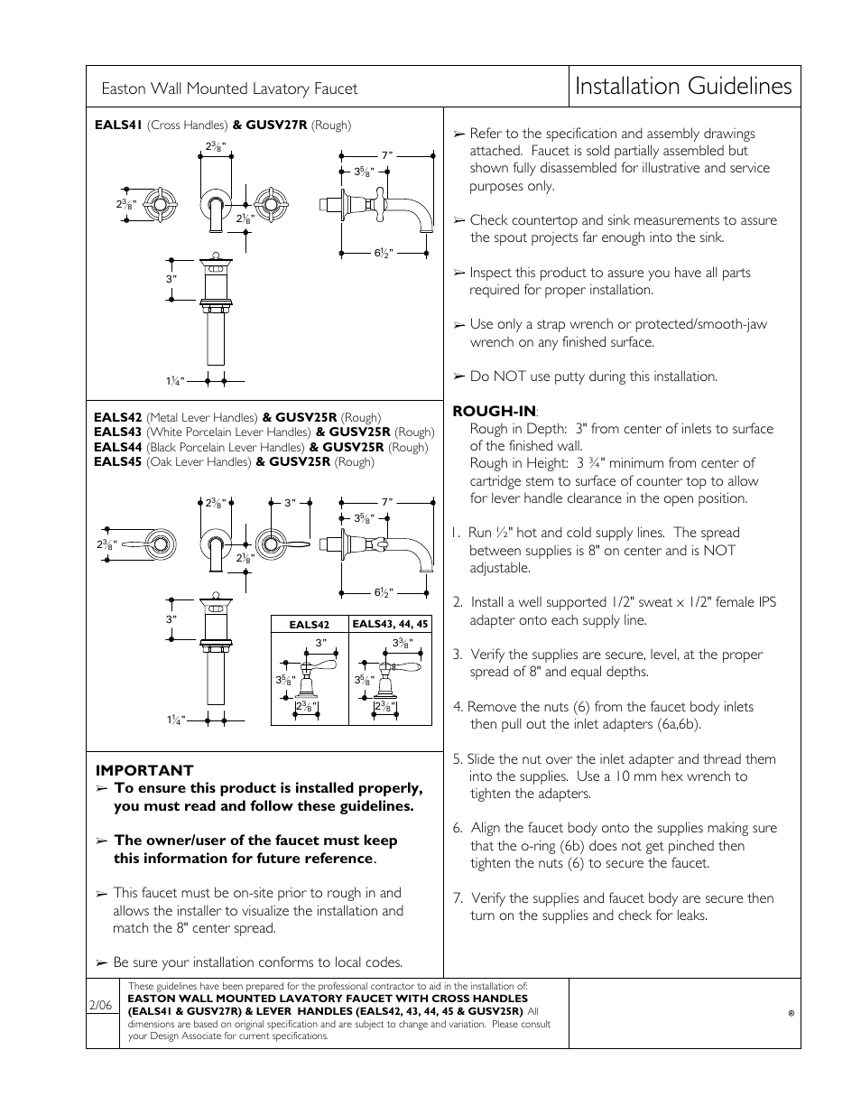 Waterworks Easton Classic Low Profile Three Hole Wall Mounted Lavatory Faucet with Oak Lever Handles User Manual | 5 pages
