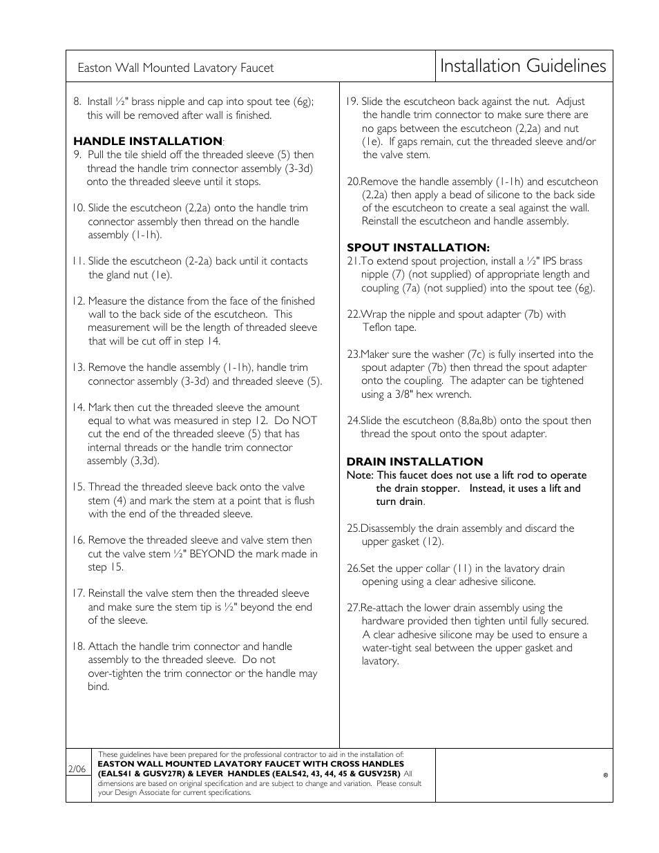 Installation guidelines | Waterworks Easton Classic Low Profile Three Hole Wall Mounted Lavatory Faucet with Oak Lever Handles User Manual | Page 2 / 5