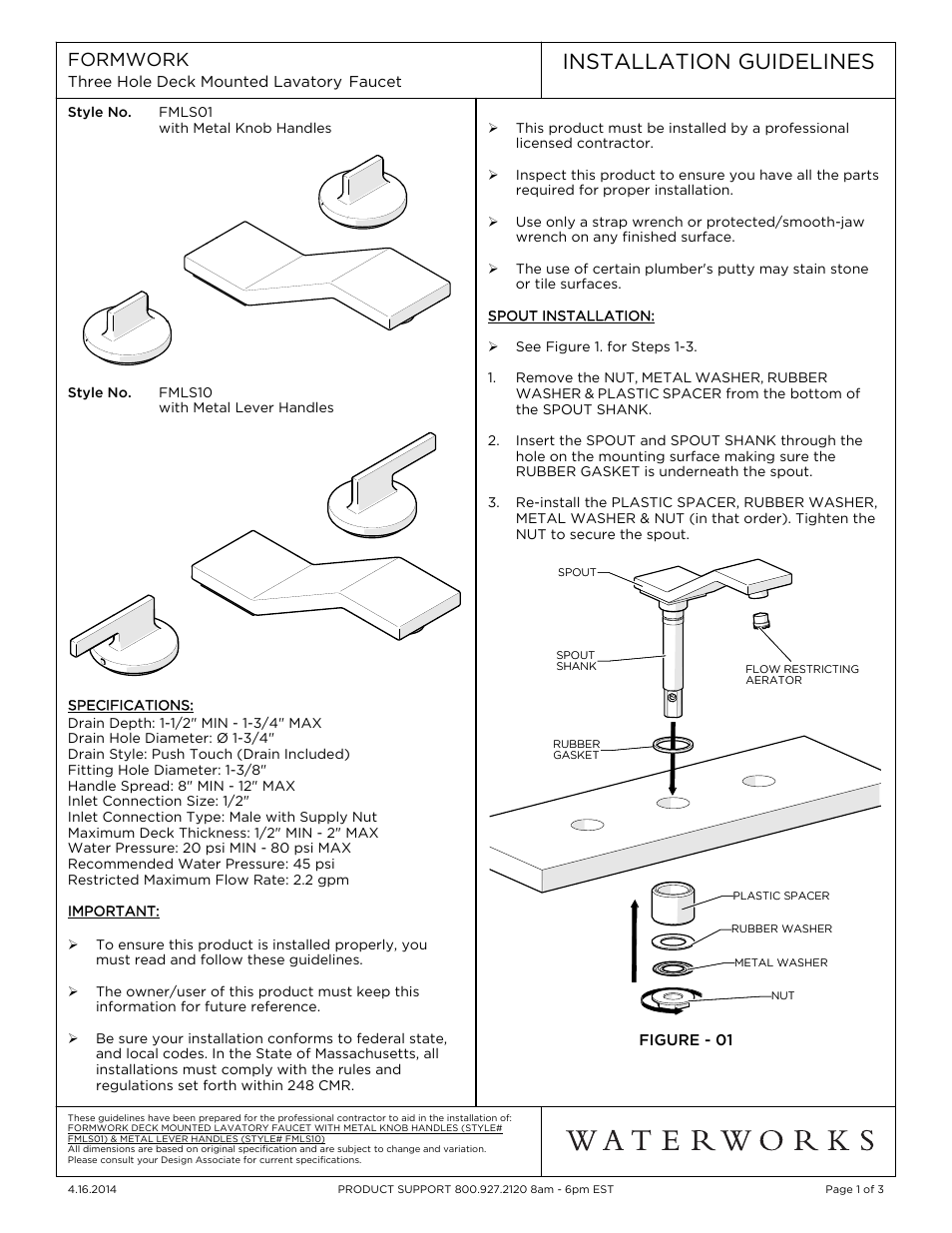 Waterworks Formwork Low Profile Three Hole Deck Mounted Lavatory Faucet with Metal Lever Handles User Manual | 3 pages