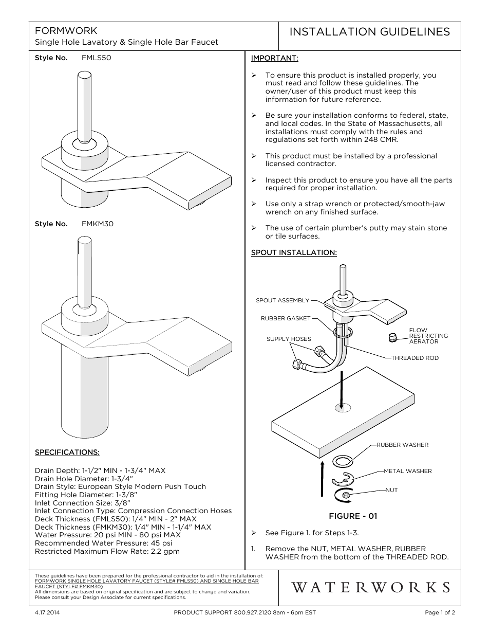 Waterworks Formwork One Hole Low Profile Bar Faucet, Metal Joystick Handle User Manual | 2 pages