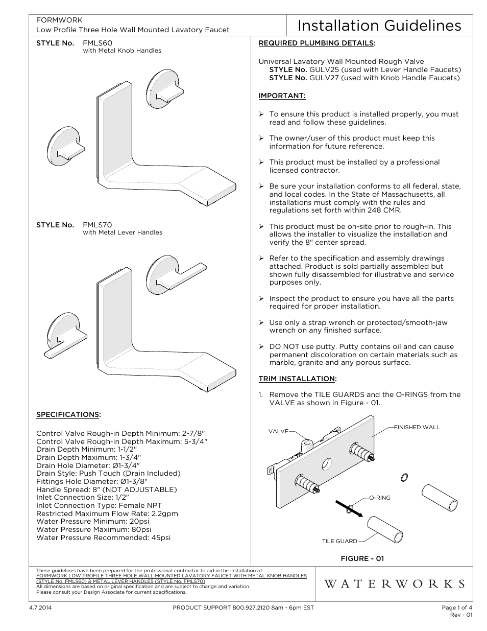 Waterworks Formwork Low Profile Three Hole Wall Mounted Lavatory Faucet with Metal Knob Handles User Manual | 4 pages