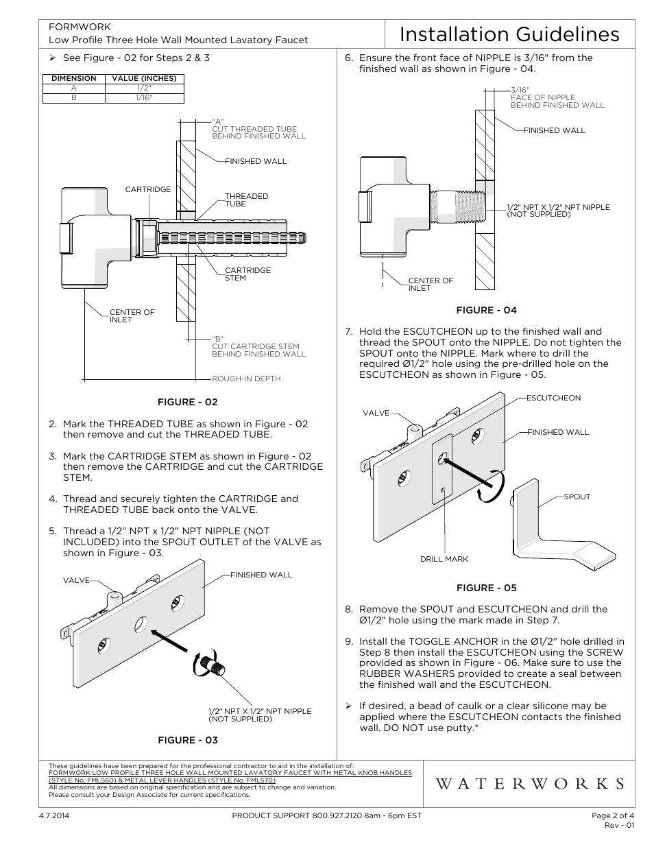 Installation guidelines | Waterworks Formwork Low Profile Three Hole Wall Mounted Lavatory Faucet with Metal Knob Handles User Manual | Page 2 / 4