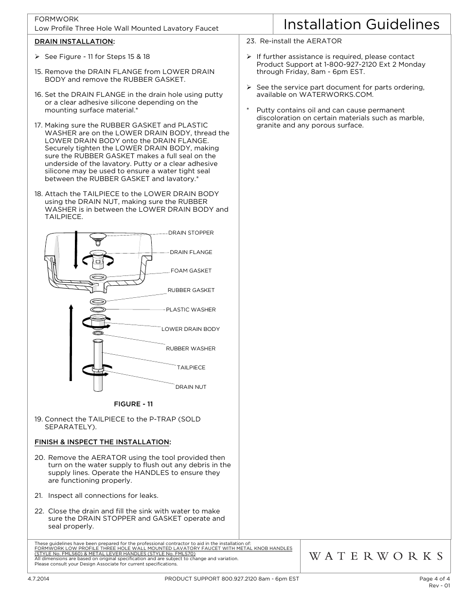Installation guidelines | Waterworks Formwork Low Profile Three Hole Wall Mounted Lavatory Faucet with Metal Knob Handles User Manual | Page 4 / 4