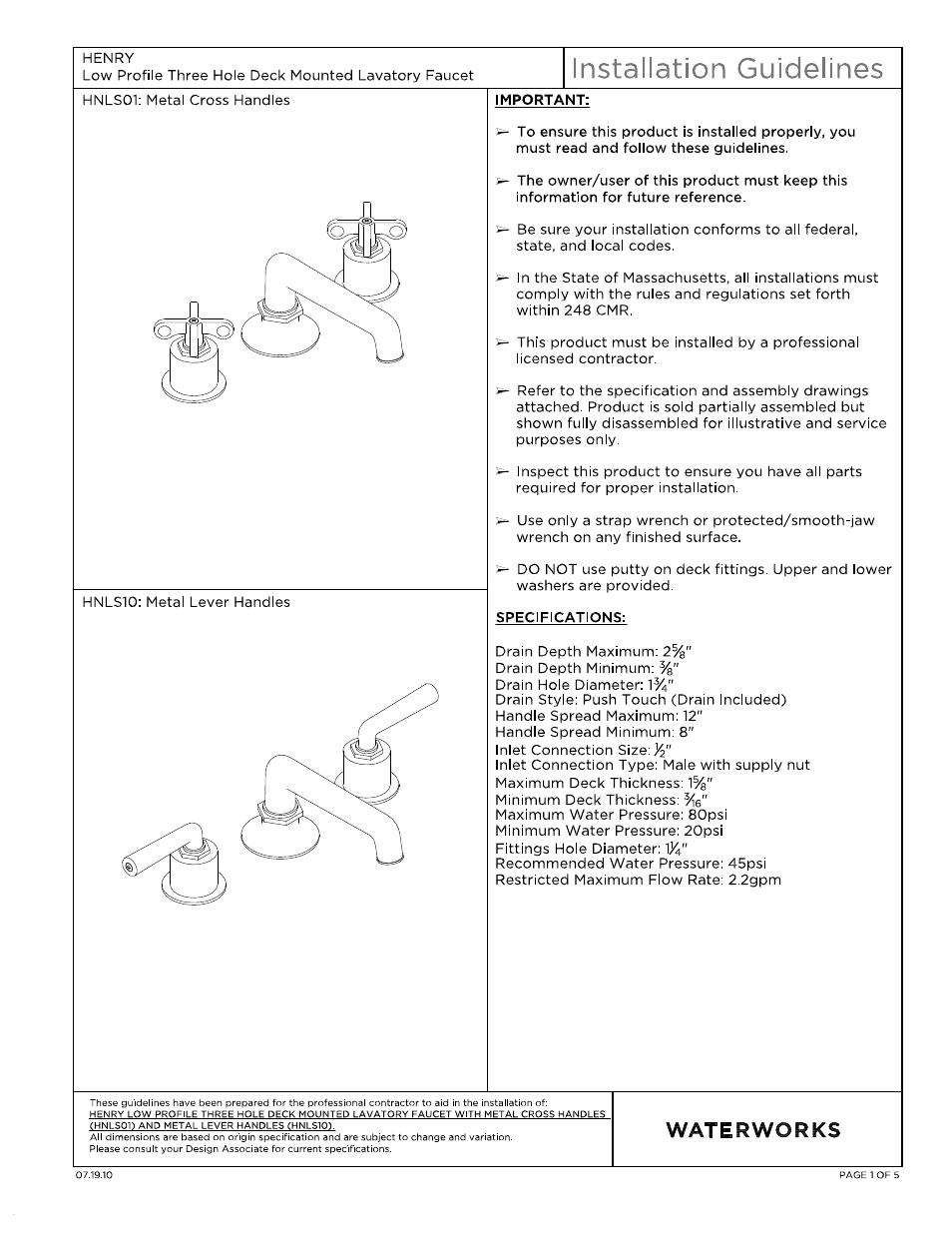 Waterworks Henry Low Profile Three Hole Deck Mounted Lavatory Faucet with Portoro Cylinder and Metal Lever Handles User Manual | 14 pages