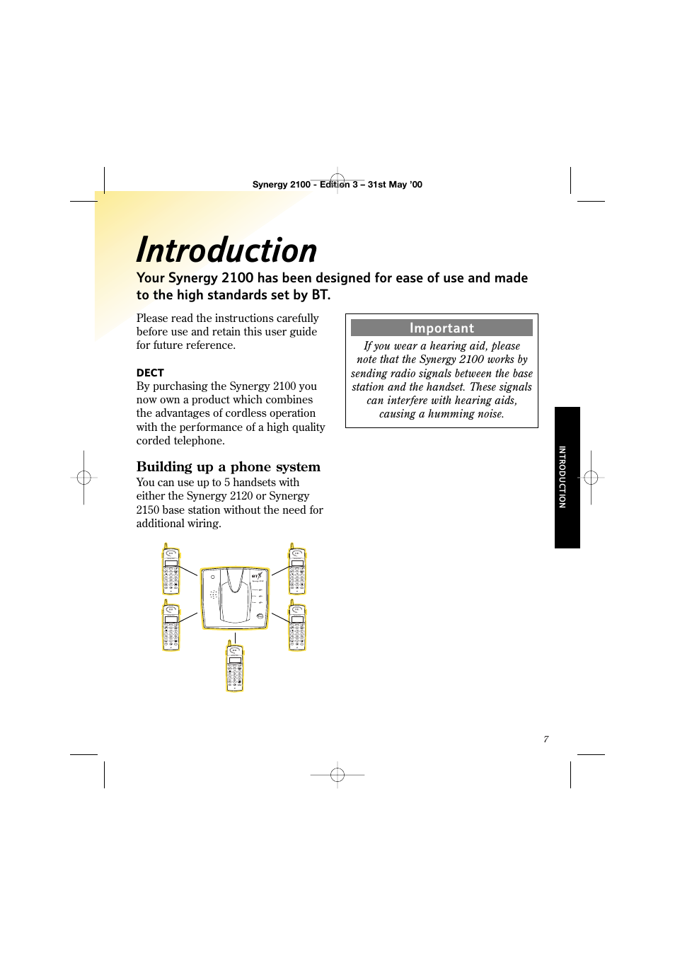 Introduction, Building up a phone system, Important | Dect, Charging in use power | BT 2100 User Manual | Page 11 / 29