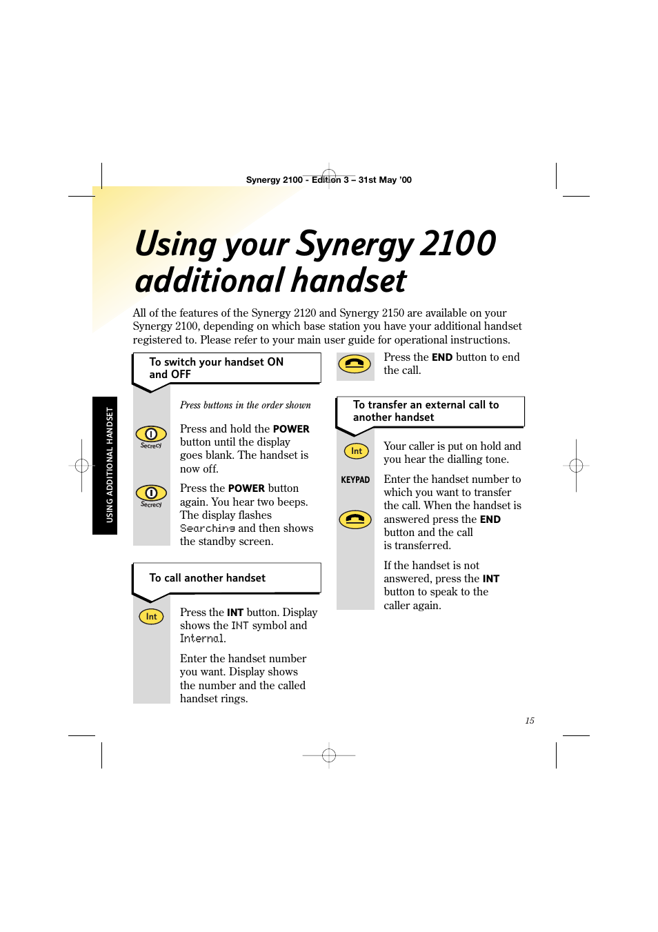 Using your synergy 2100 additional handset | BT 2100 User Manual | Page 19 / 29