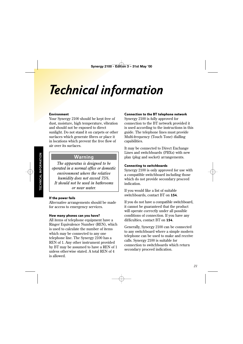Technical information, Warning | BT 2100 User Manual | Page 25 / 29
