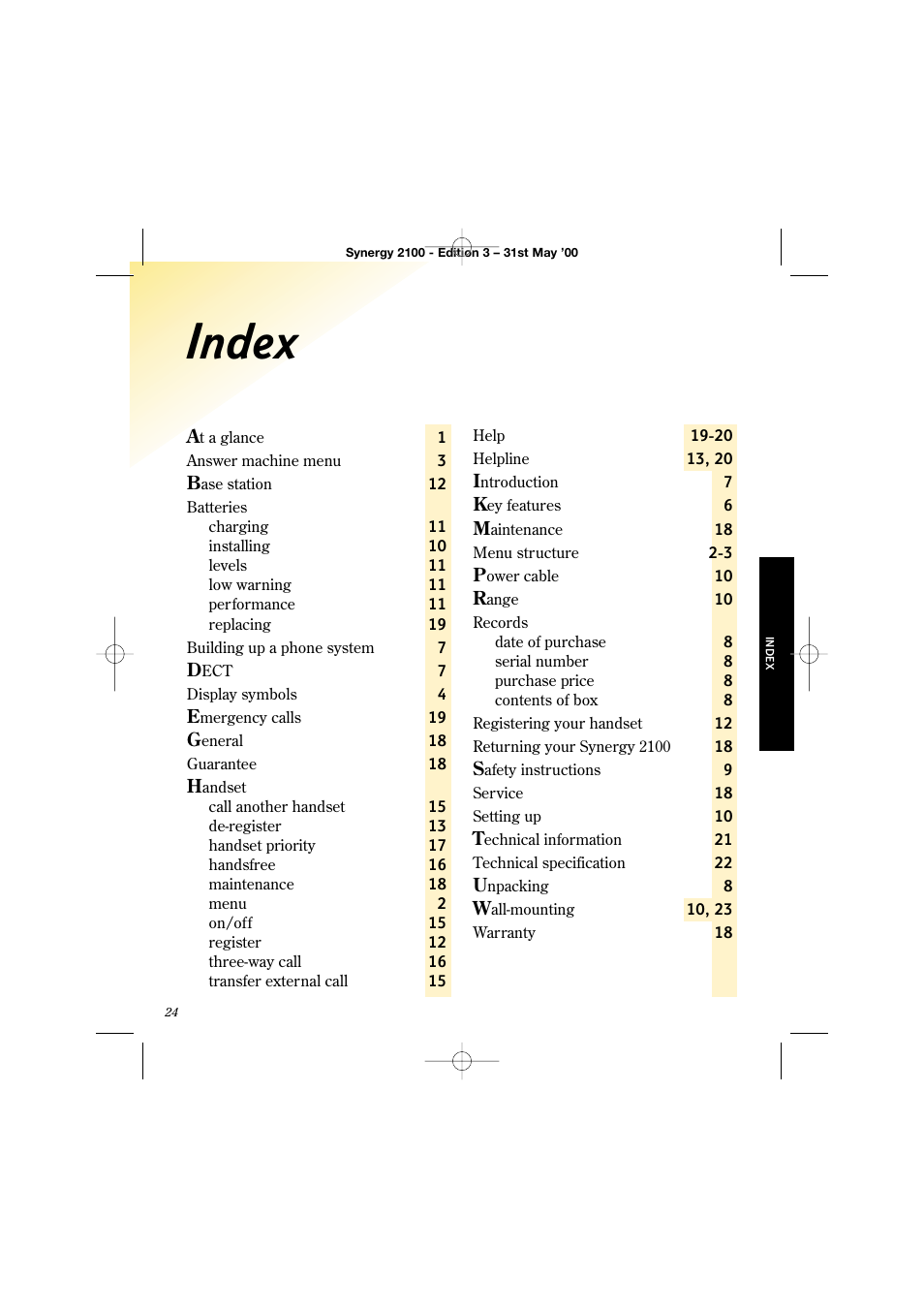 Index | BT 2100 User Manual | Page 28 / 29
