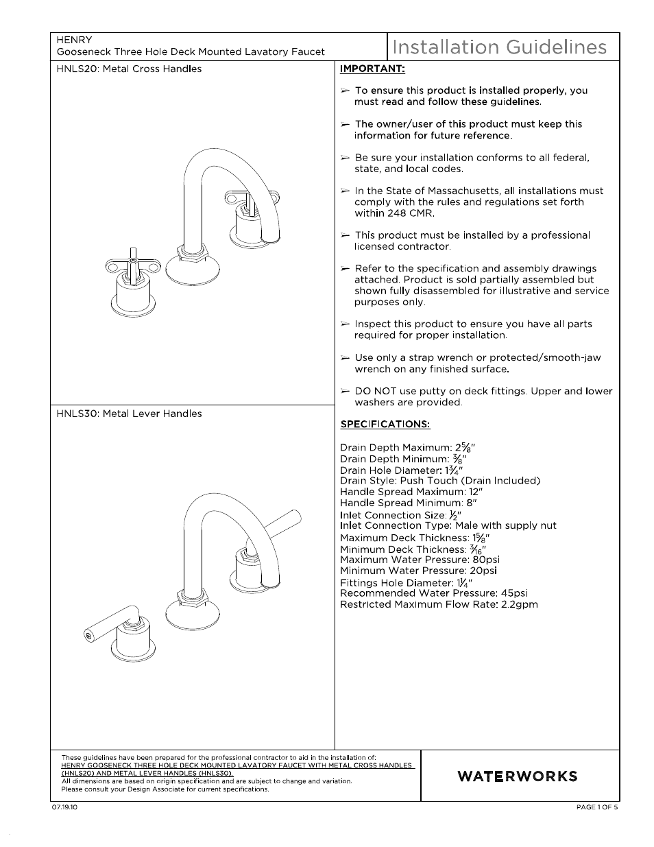 Waterworks Henry Gooseneck Three Hole Deck Mounted Lavatory Faucet with Portoro Cylinder and Metal Lever Handles User Manual | 14 pages