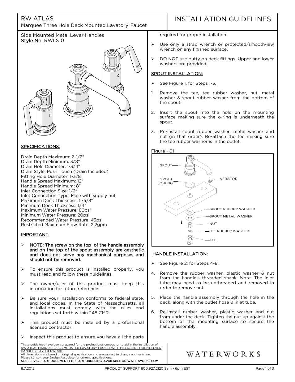 Waterworks R.W. Atlas Deck Mounted Marquee Lavatory Faucet with Metal Lever Side Mount Handles User Manual | 10 pages