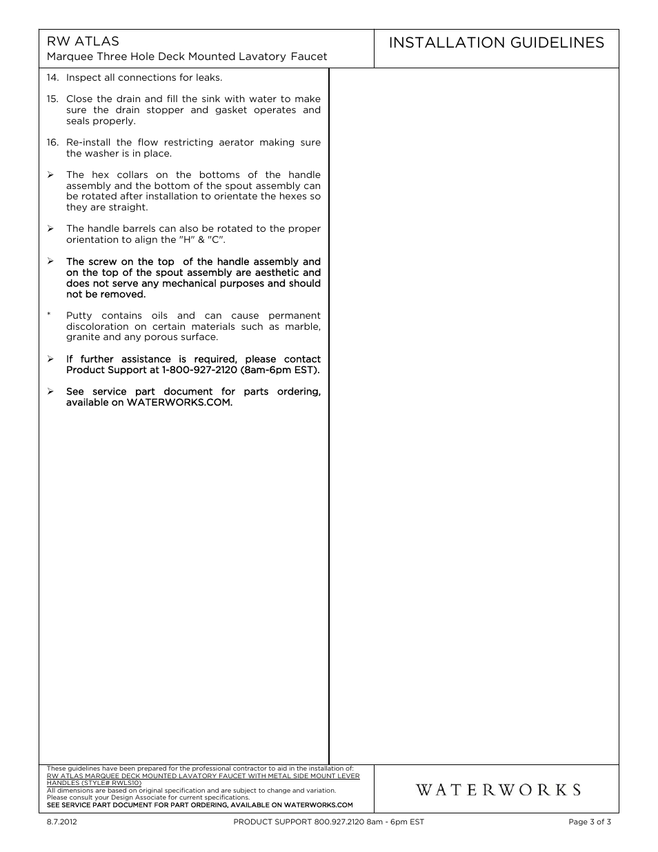 Installation guidelines | Waterworks R.W. Atlas Deck Mounted Marquee Lavatory Faucet with Metal Lever Side Mount Handles User Manual | Page 3 / 10
