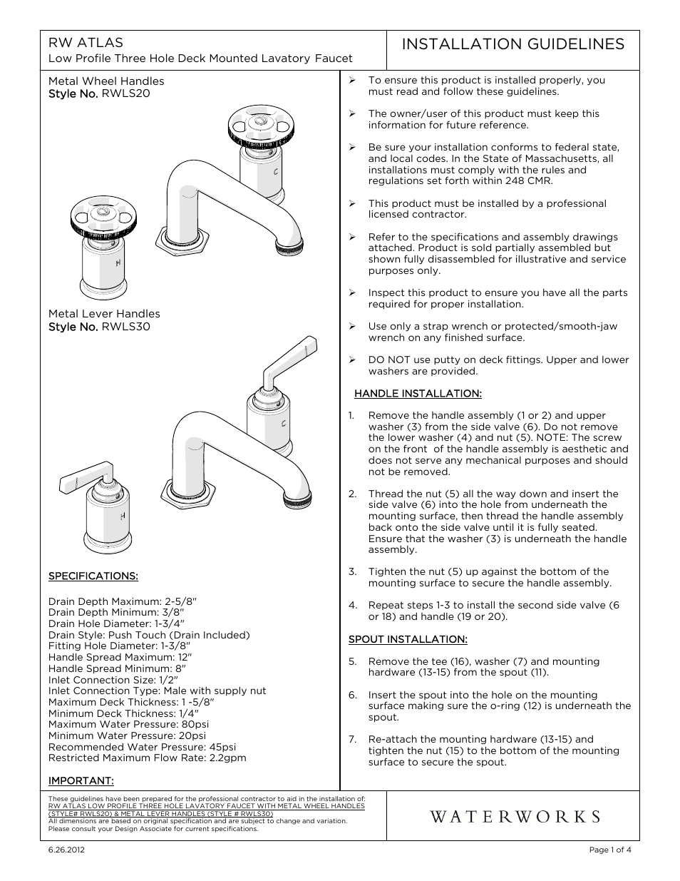 Waterworks R.W. Atlas Low Profile Three Hole Deck Mounted Lavatory Faucet with Metal Lever Handles User Manual | 13 pages