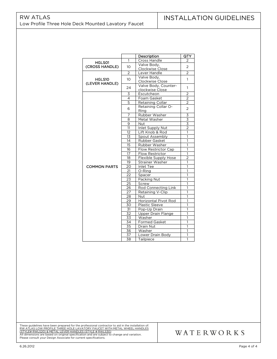 Installation guidelines, Rw atlas | Waterworks R.W. Atlas Low Profile Three Hole Deck Mounted Lavatory Faucet with Metal Lever Handles User Manual | Page 4 / 13