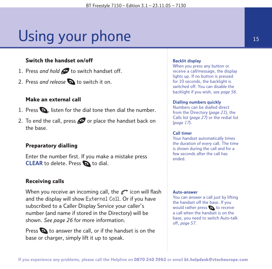 Using your phone | BT 7150 User Manual | Page 15 / 80