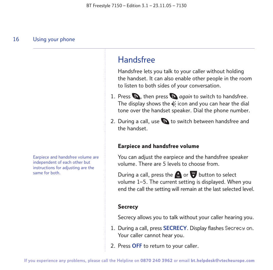 Handsfree | BT 7150 User Manual | Page 16 / 80