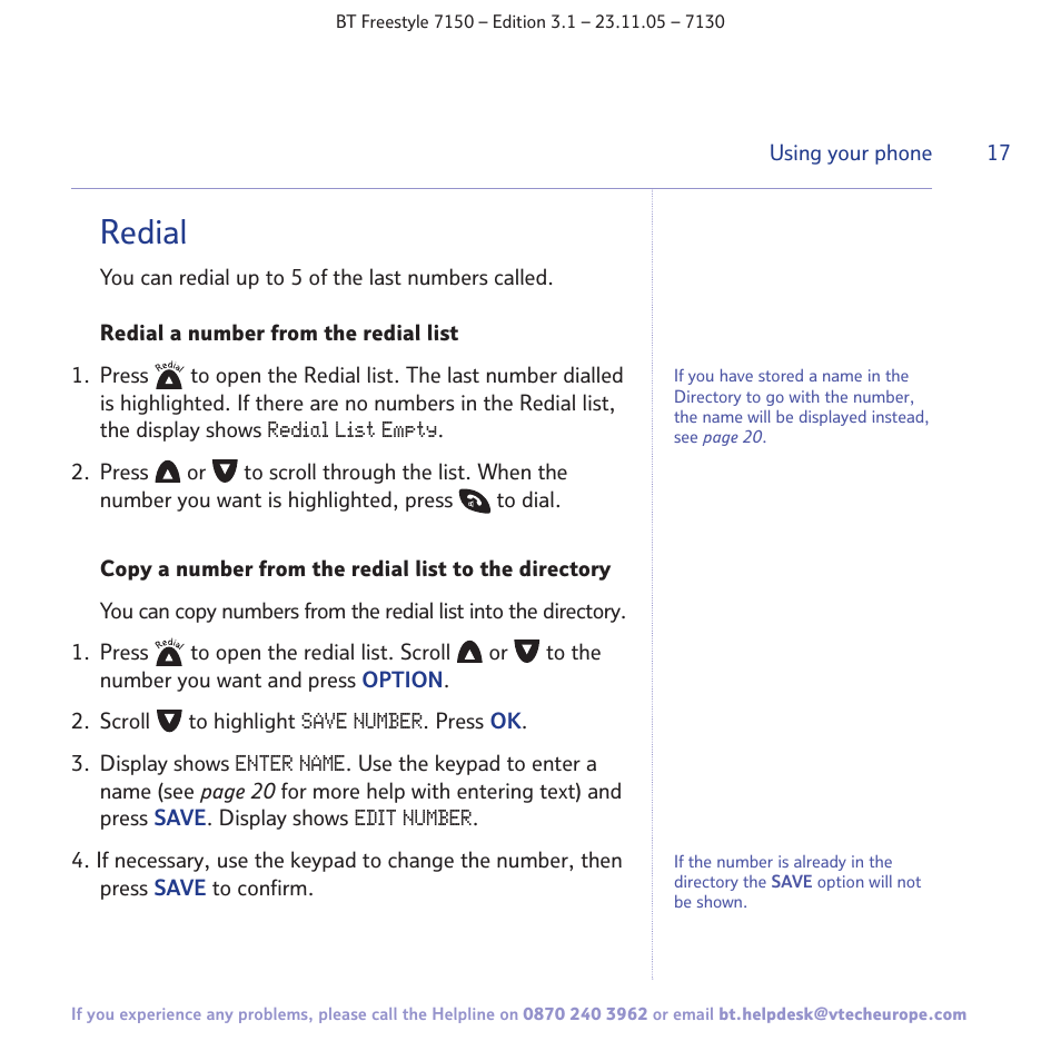 Redial | BT 7150 User Manual | Page 17 / 80