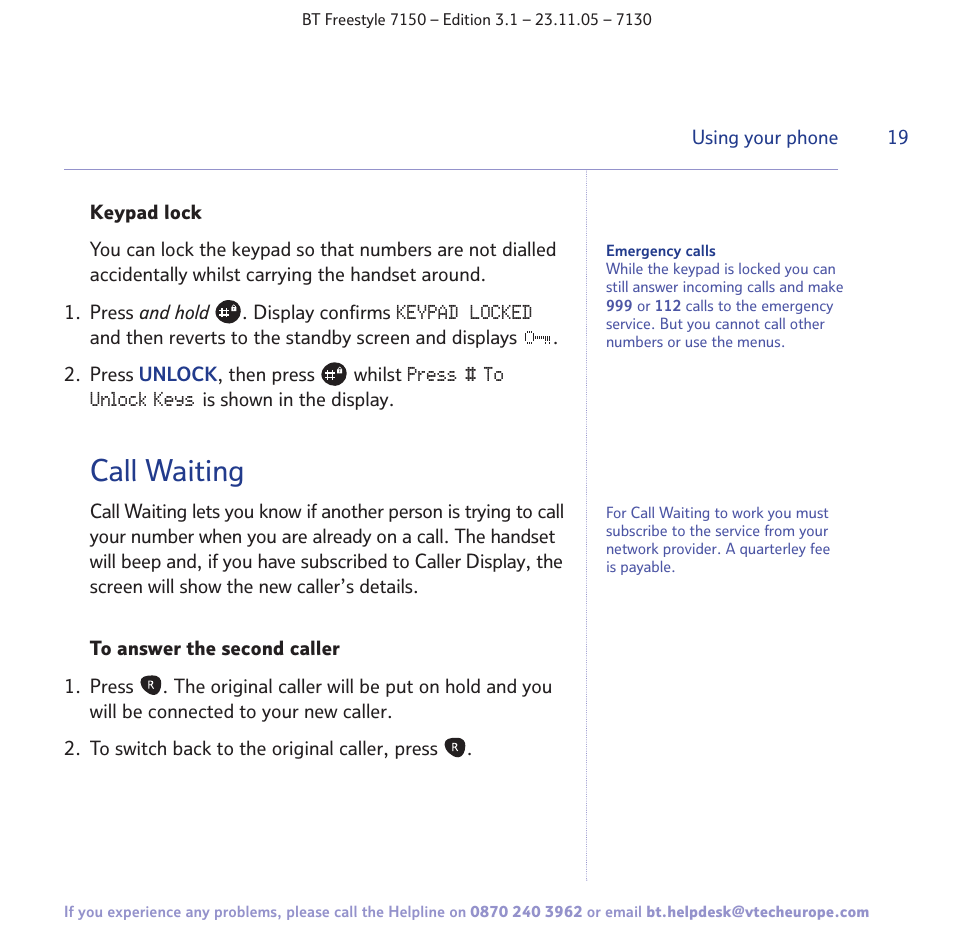Call waiting | BT 7150 User Manual | Page 19 / 80
