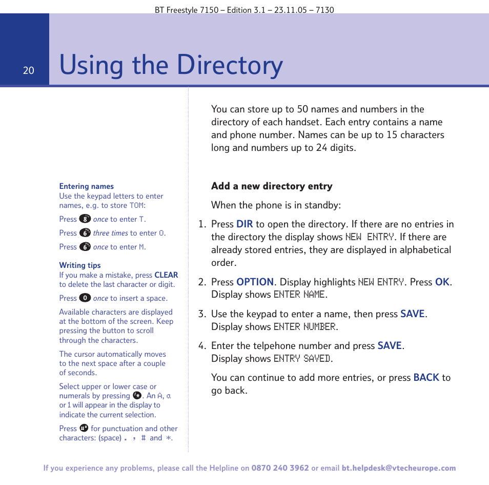 Using the directory | BT 7150 User Manual | Page 20 / 80