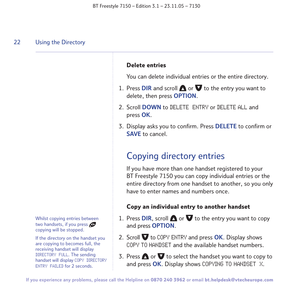 Copying directory entries | BT 7150 User Manual | Page 22 / 80