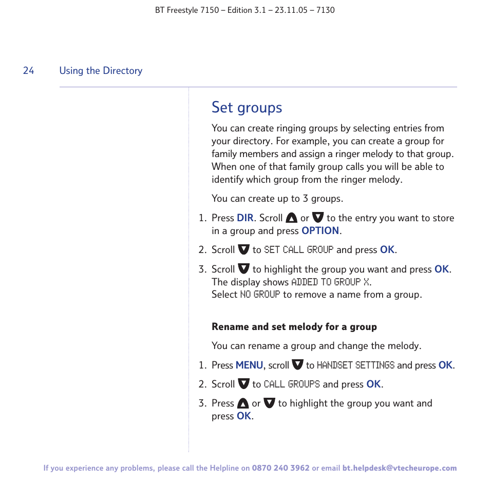 Set groups | BT 7150 User Manual | Page 24 / 80
