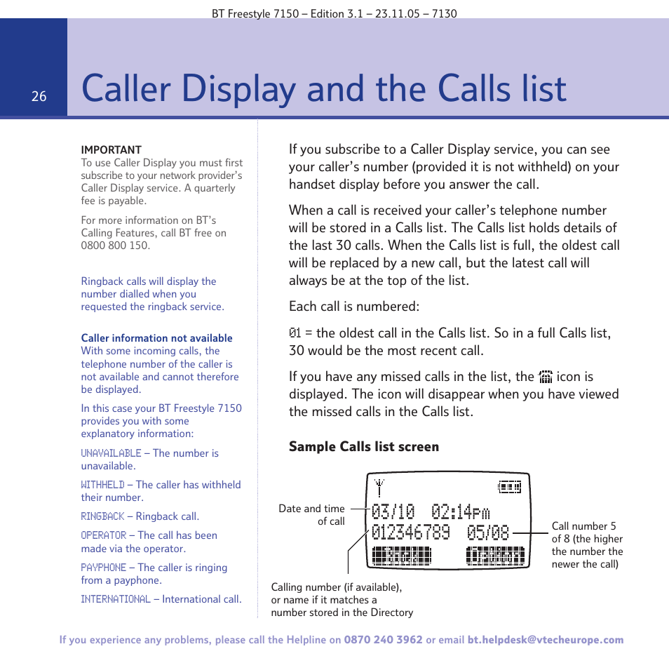 Caller display and the calls list | BT 7150 User Manual | Page 26 / 80