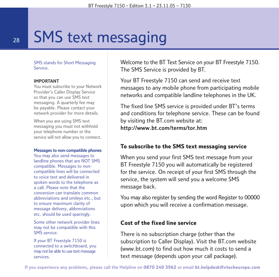 Sms text messaging | BT 7150 User Manual | Page 28 / 80