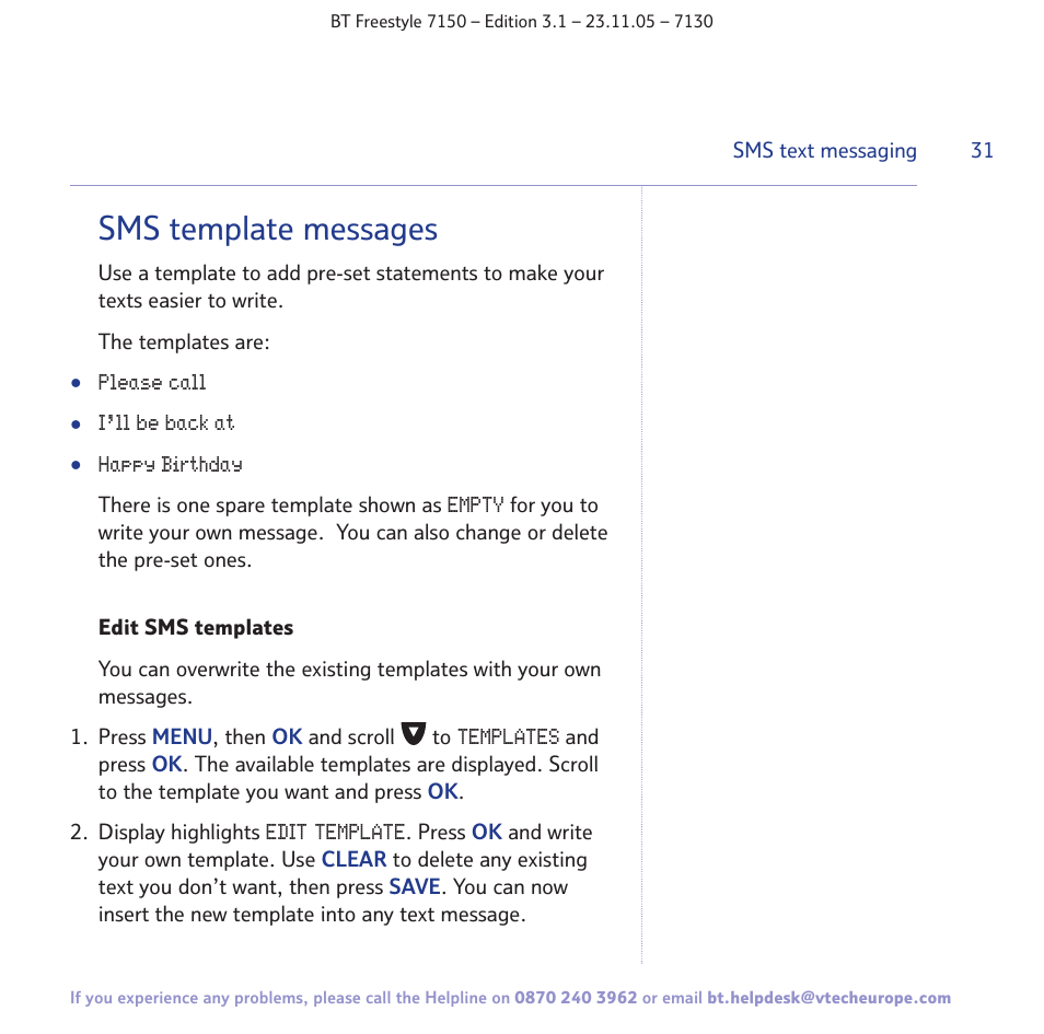 Sms template messages | BT 7150 User Manual | Page 31 / 80