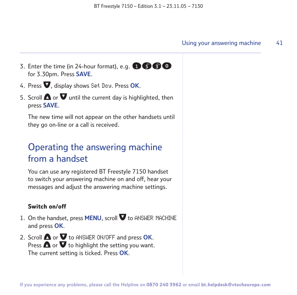 Operating the answering machine from a handset | BT 7150 User Manual | Page 41 / 80