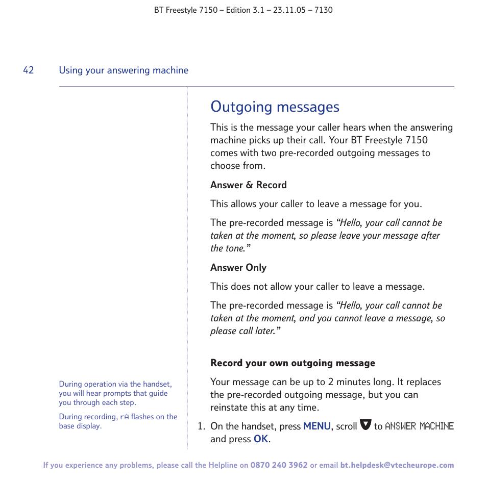 Outgoing messages | BT 7150 User Manual | Page 42 / 80