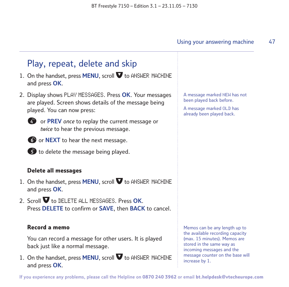 Play, repeat, delete and skip | BT 7150 User Manual | Page 47 / 80
