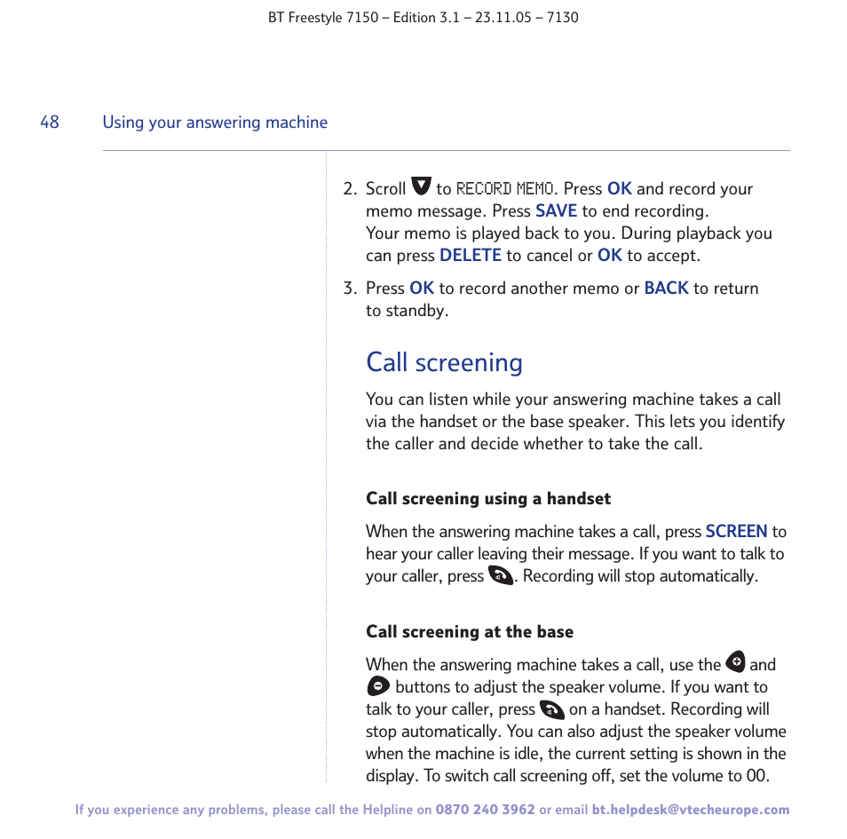 Call screening | BT 7150 User Manual | Page 48 / 80