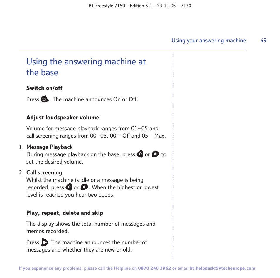 Using the answering machine at the base | BT 7150 User Manual | Page 49 / 80