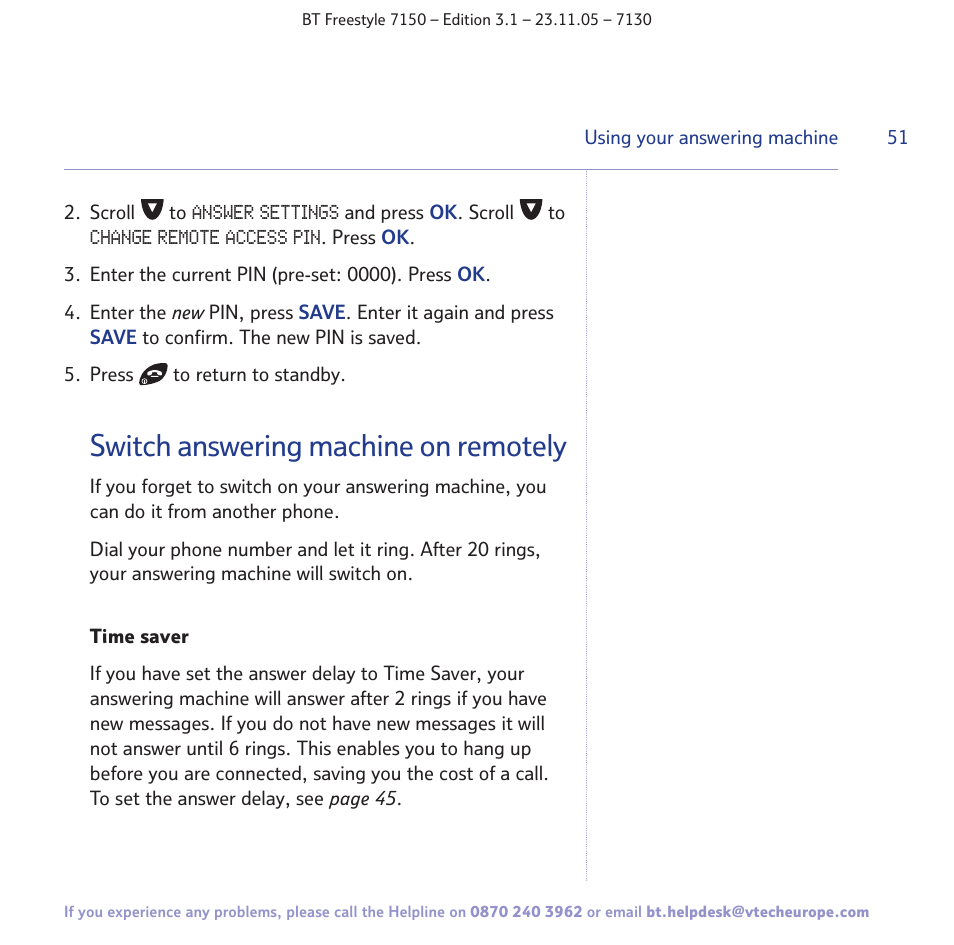 Switch answering machine on remotely | BT 7150 User Manual | Page 51 / 80