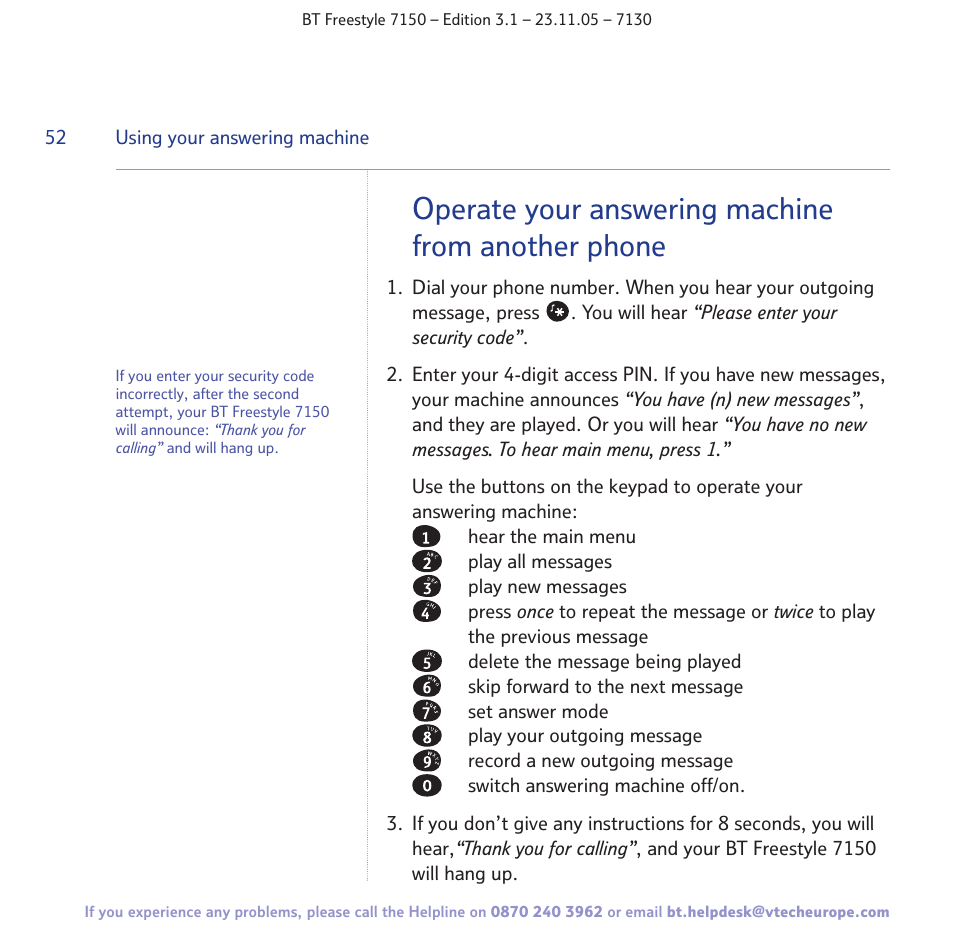 Operate your answering machine from another phone | BT 7150 User Manual | Page 52 / 80