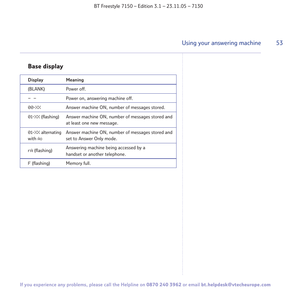 53 using your answering machine, Base display | BT 7150 User Manual | Page 53 / 80