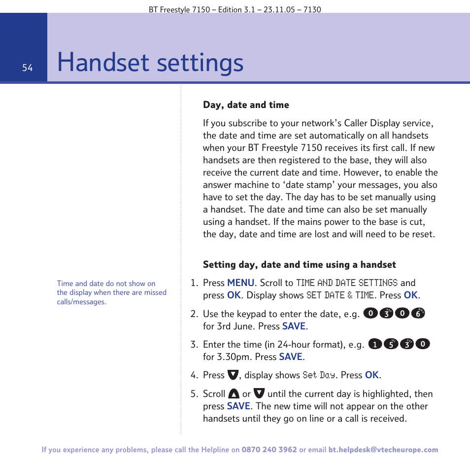 Handset settings | BT 7150 User Manual | Page 54 / 80