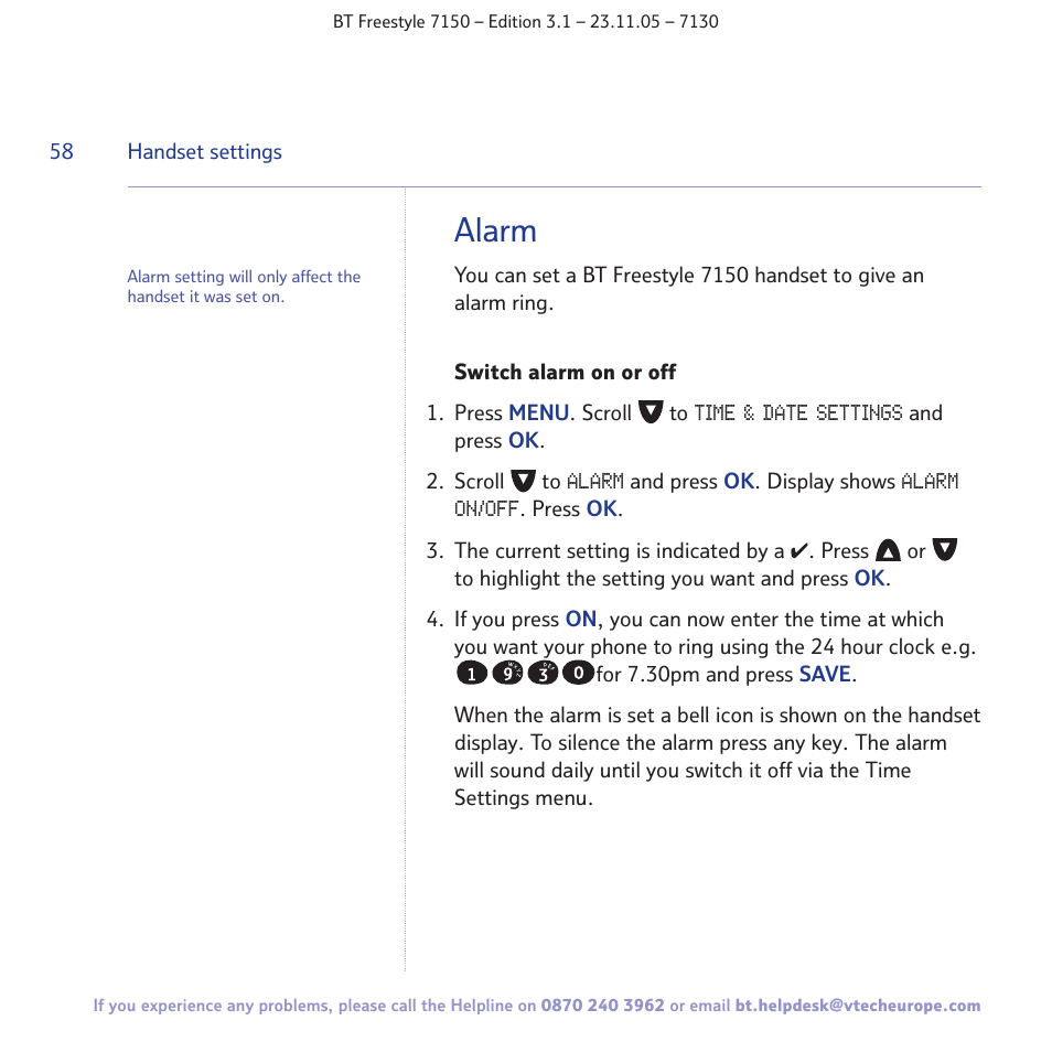 Alarm | BT 7150 User Manual | Page 58 / 80