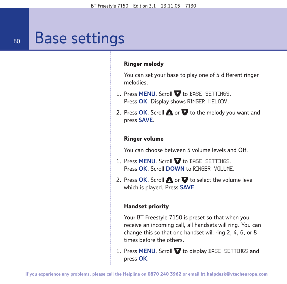 Base settings | BT 7150 User Manual | Page 60 / 80