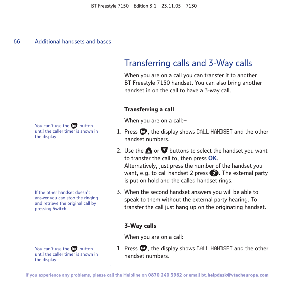 Transferring calls and 3-way calls | BT 7150 User Manual | Page 66 / 80