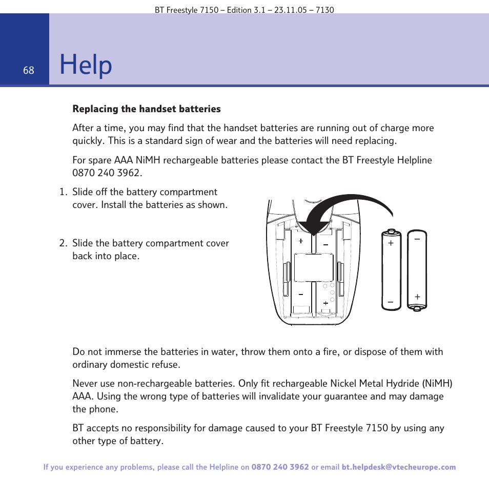 Help | BT 7150 User Manual | Page 68 / 80