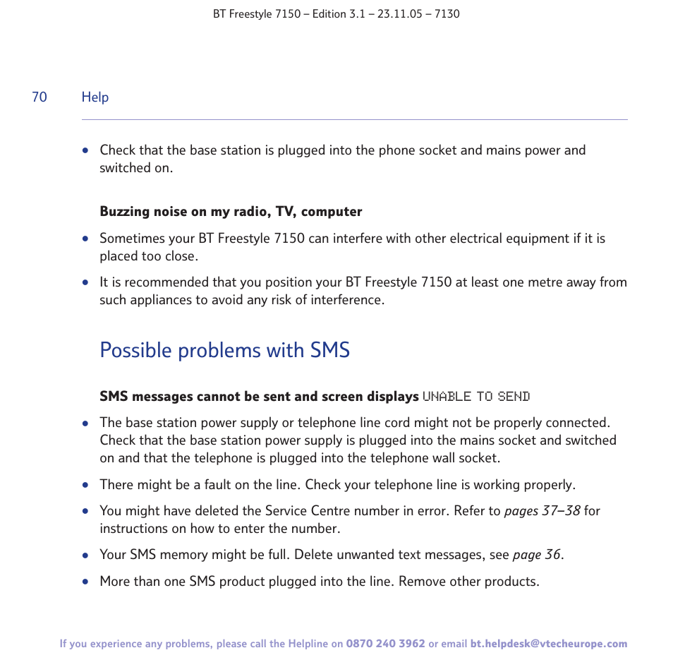 Possible problems with sms | BT 7150 User Manual | Page 70 / 80