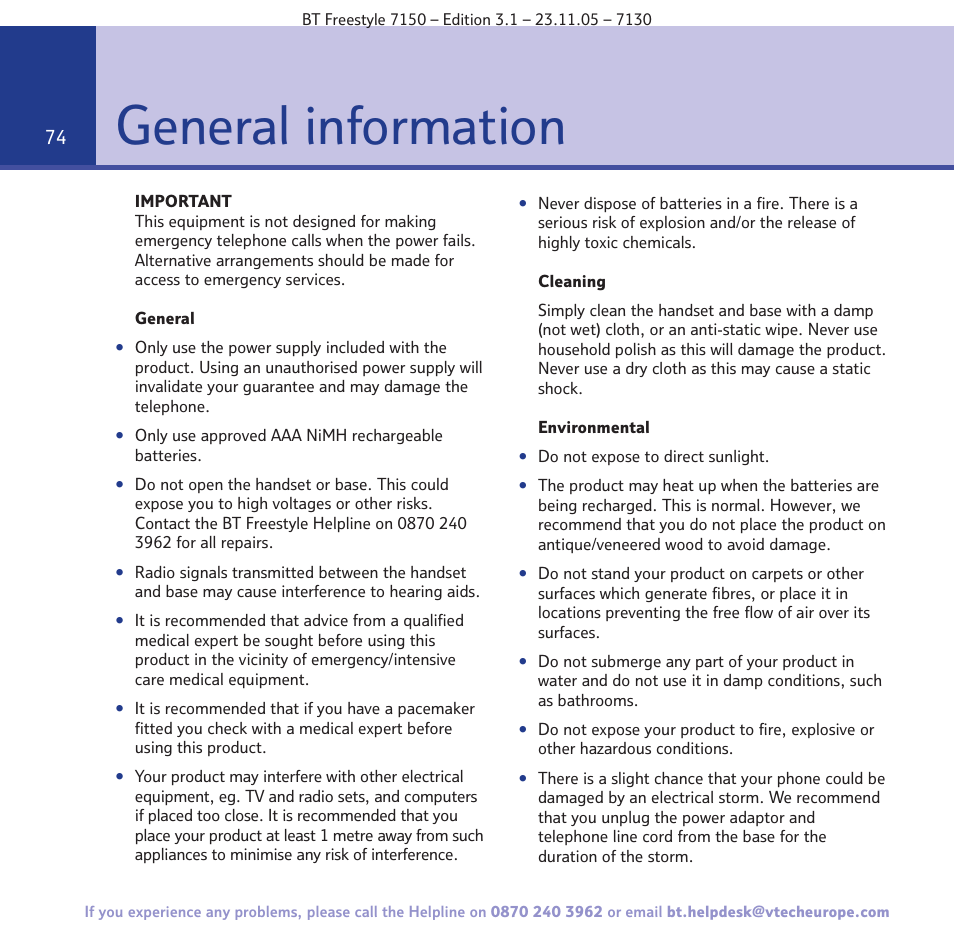 General information | BT 7150 User Manual | Page 74 / 80