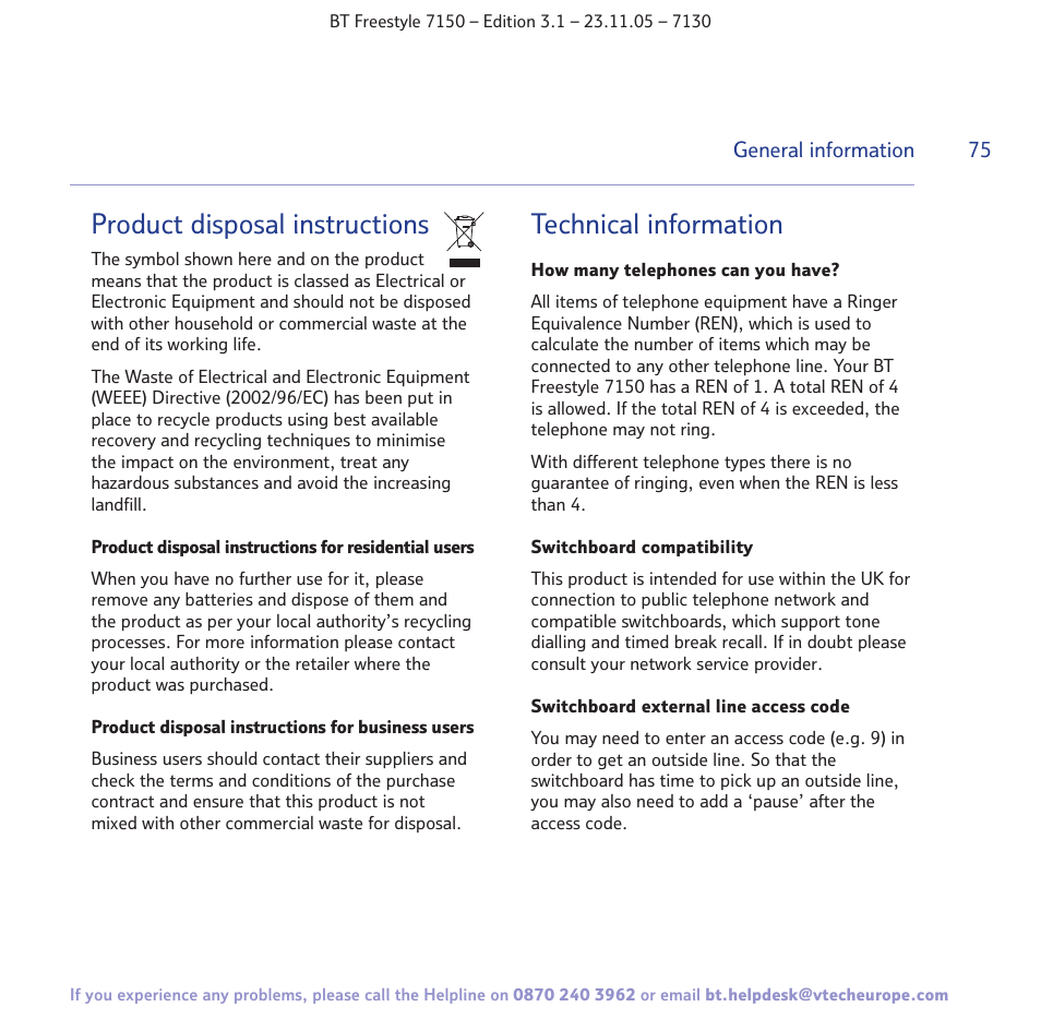 Product disposal instructions, Technical information | BT 7150 User Manual | Page 75 / 80