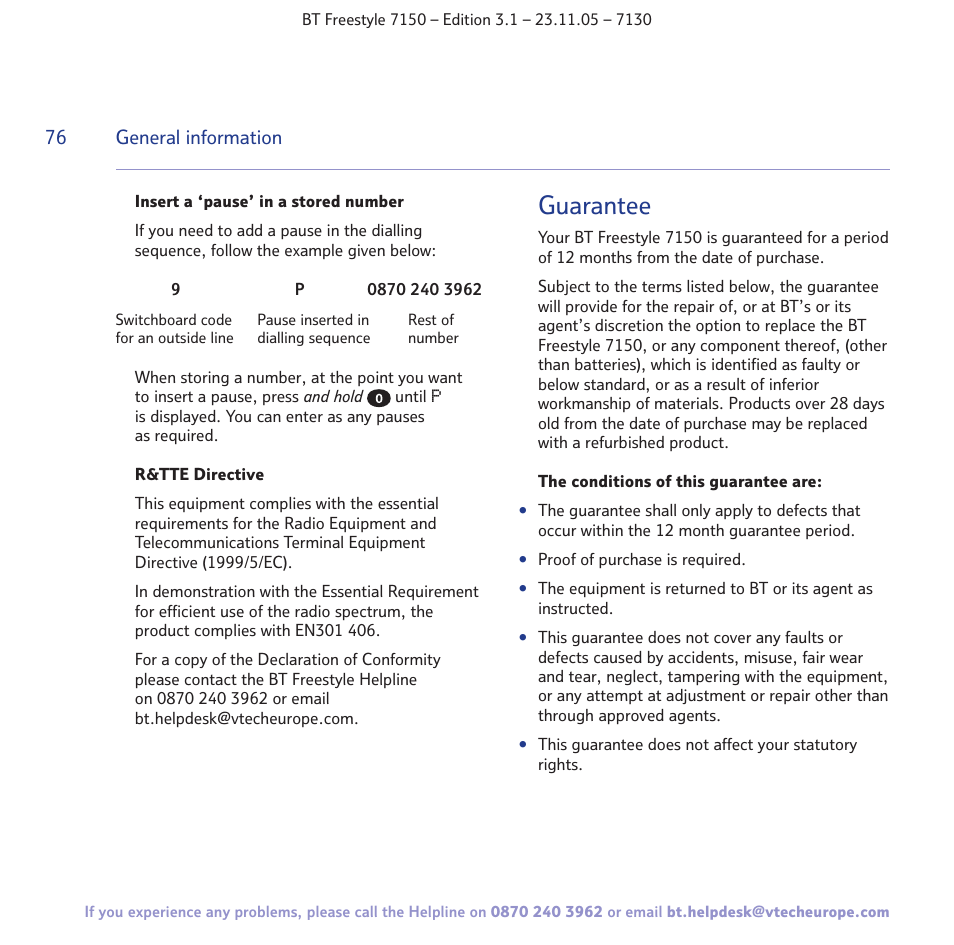 Guarantee | BT 7150 User Manual | Page 76 / 80